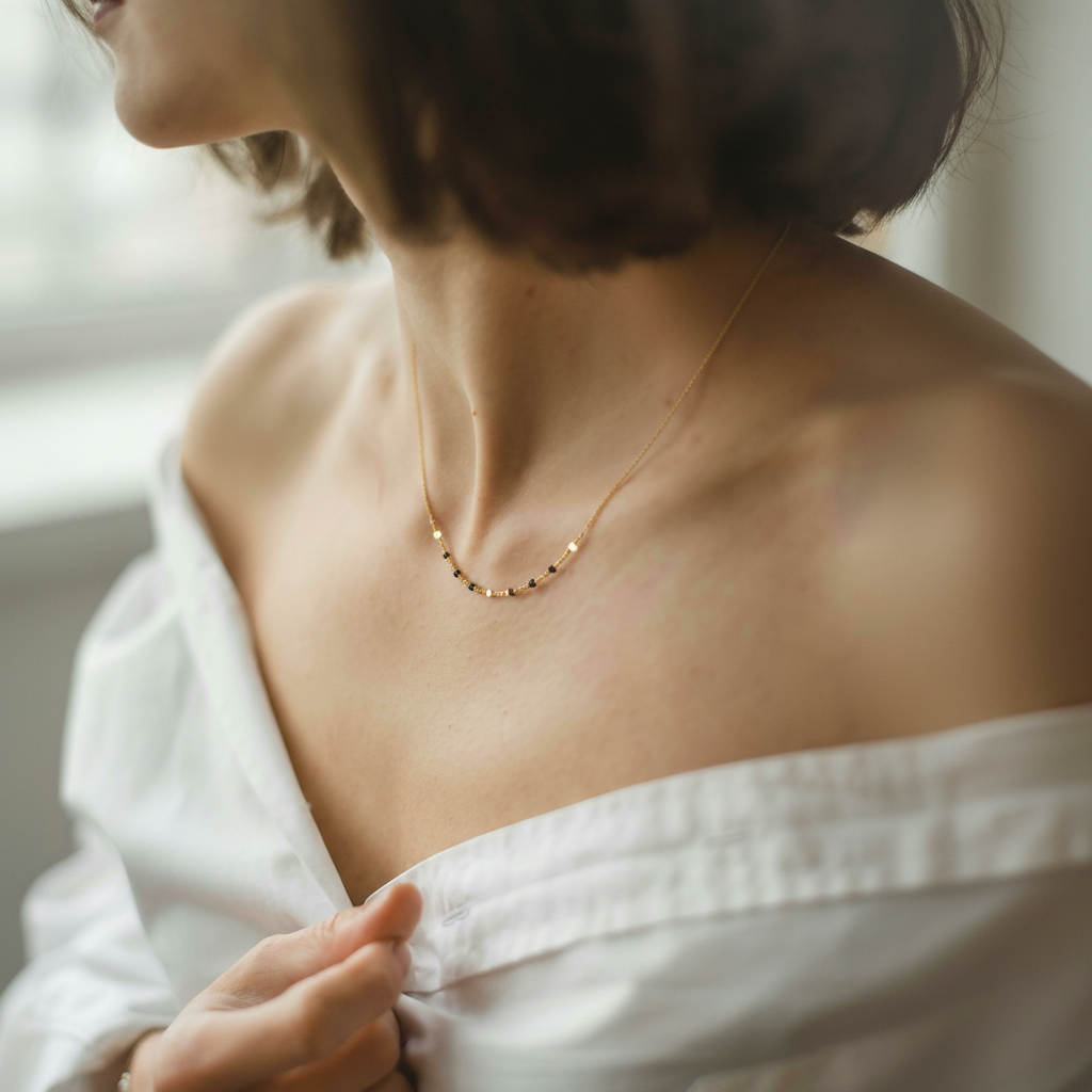 Woman wearing a delicate gold necklace with a blurred background