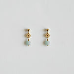 Pair of gold earrings with green beads on a light gray background