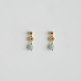 Pair of gold earrings with green beads on a light gray background