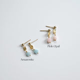 Pair of earrings with pink opal and amazonite stones on a light gray background