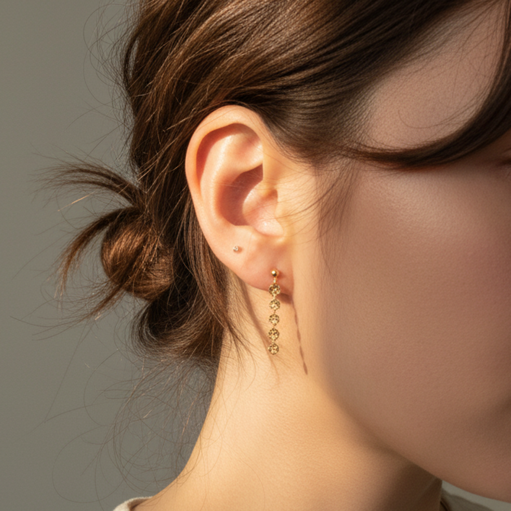 Close-up of a person wearing gold earrings with a neutral background
