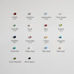 Collection of gemstones with their names and corresponding months on a light gray background