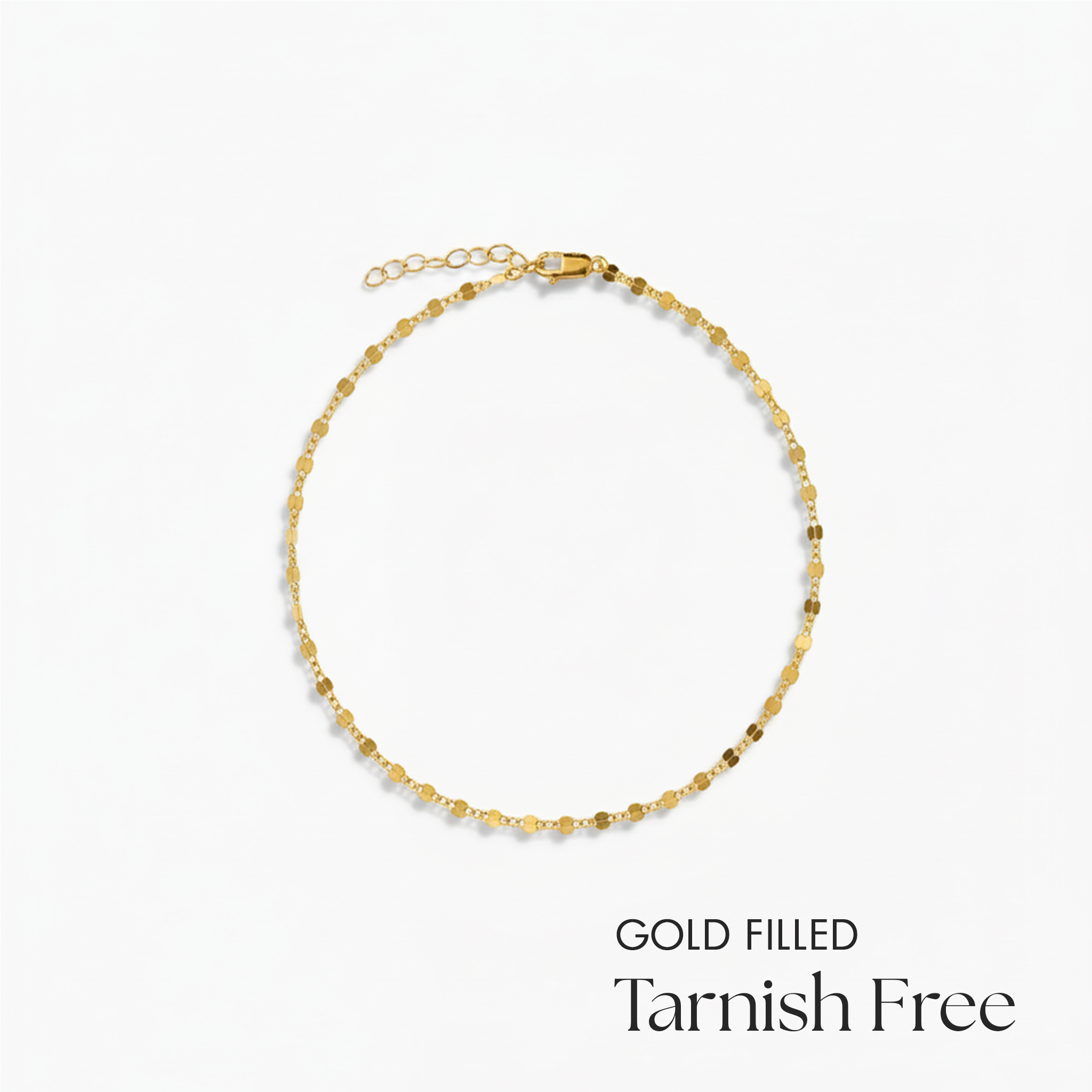 Gold filled anklet on a white background with 'Tarnish Free' text.