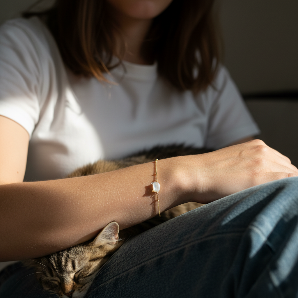 Person holding a cat with a cat face shaped charm bracelet on wrist, soft focus