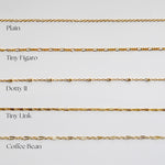 Comparison of different gold chain styles on a light gray background