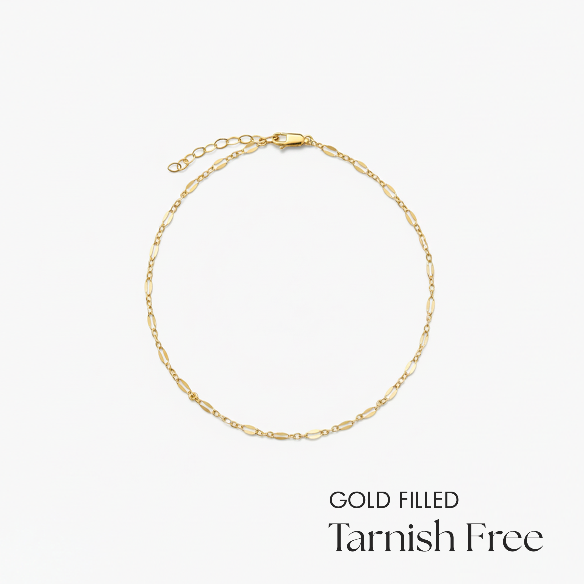 Gold filled anklet on a white background with 'Tarnish Free' text.