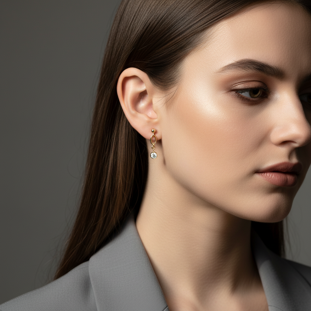 Close-up of a woman wearing gold earrings with a gray background