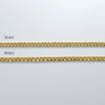 Two gold chains with labeled widths on a light gray background