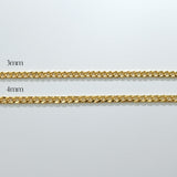 Two gold chains with labeled widths on a light gray background