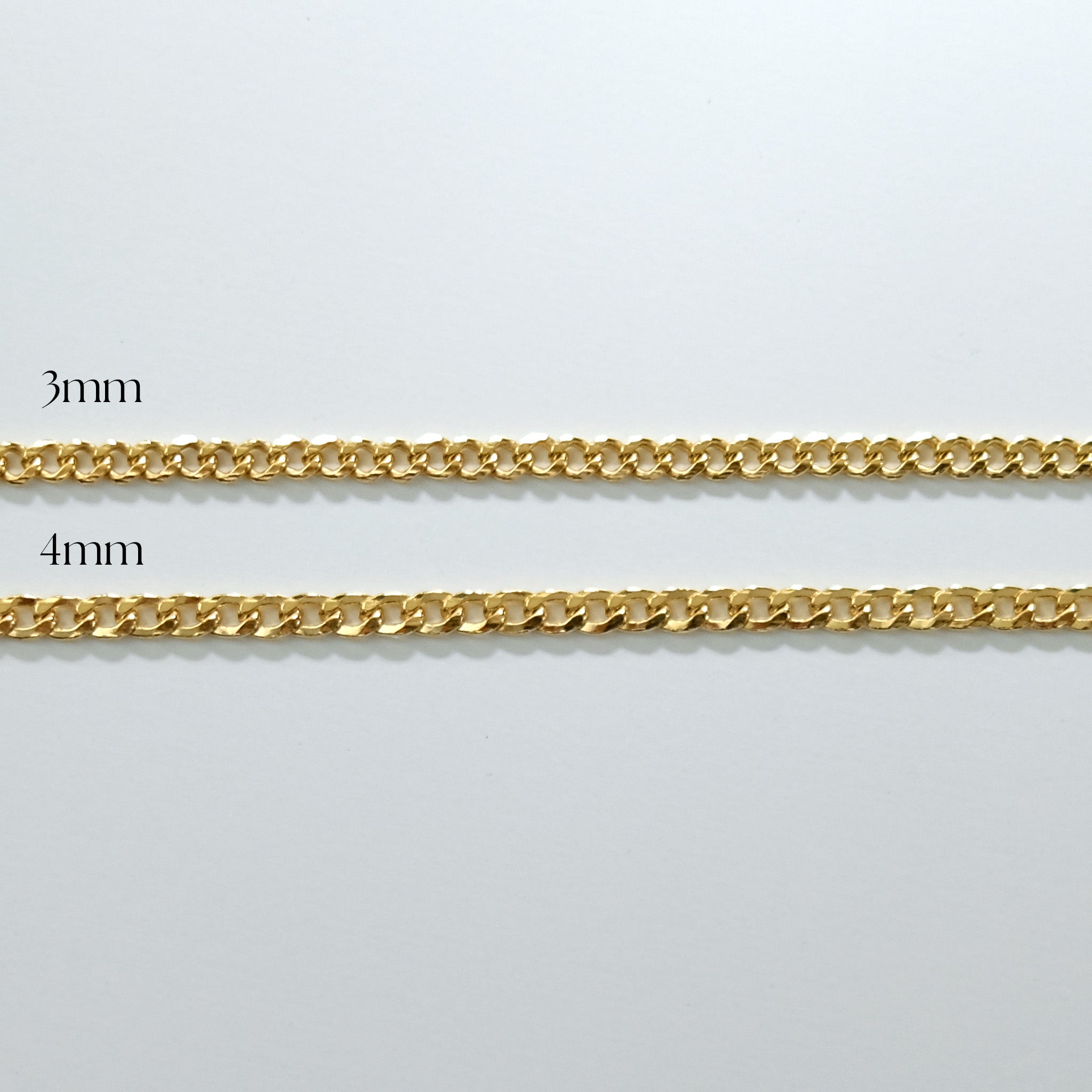 Two gold chains with labeled widths on a light gray background