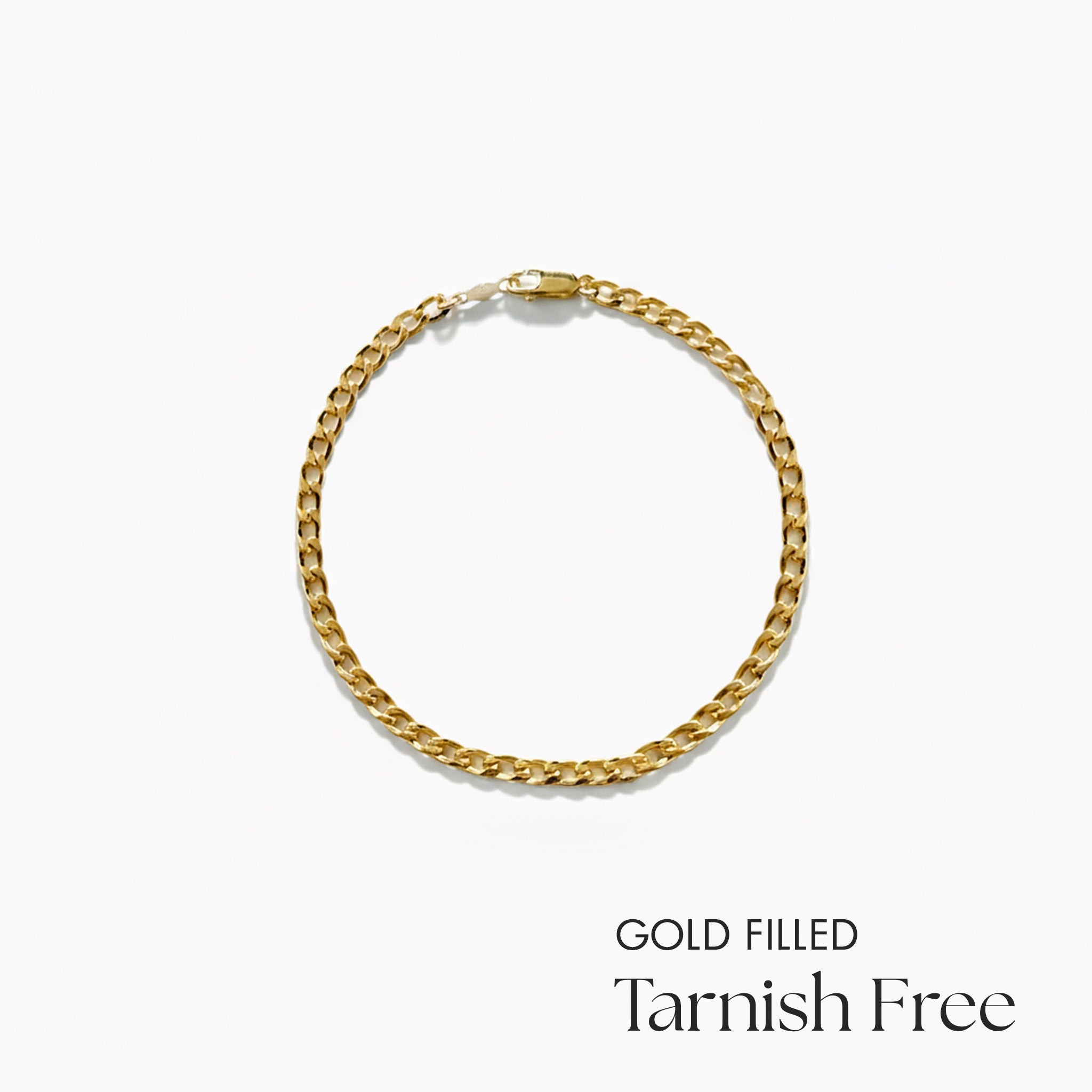 Gold filled bracelet on a white background with text 'Gold Filled Tarnish Free'.