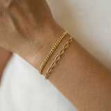 Gold chain bracelet on a wrist against a neutral background