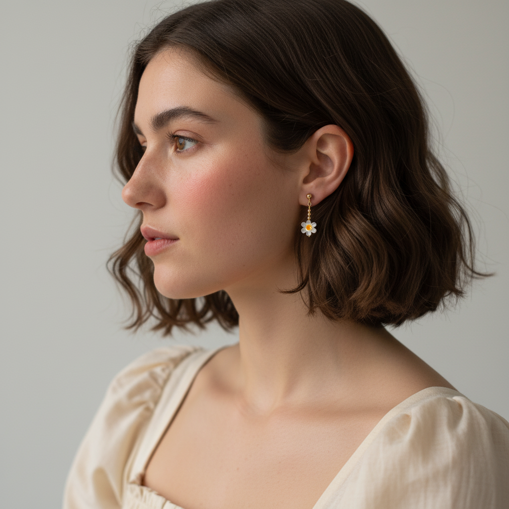 Woman wearing a delicate earring with a neutral background