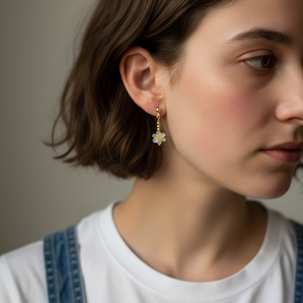 Close-up of a woman wearing a floral earring with a neutral background