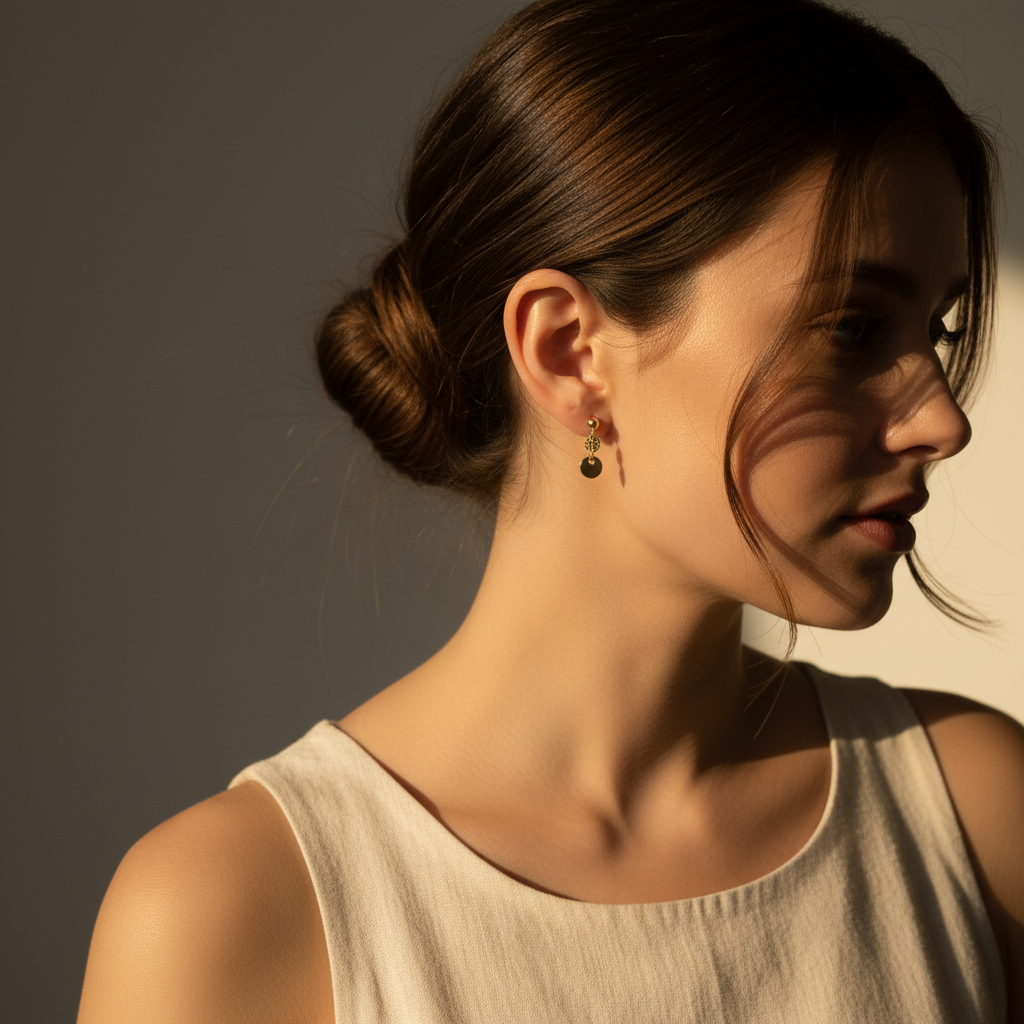 Woman with a bun and earrings against a neutral background