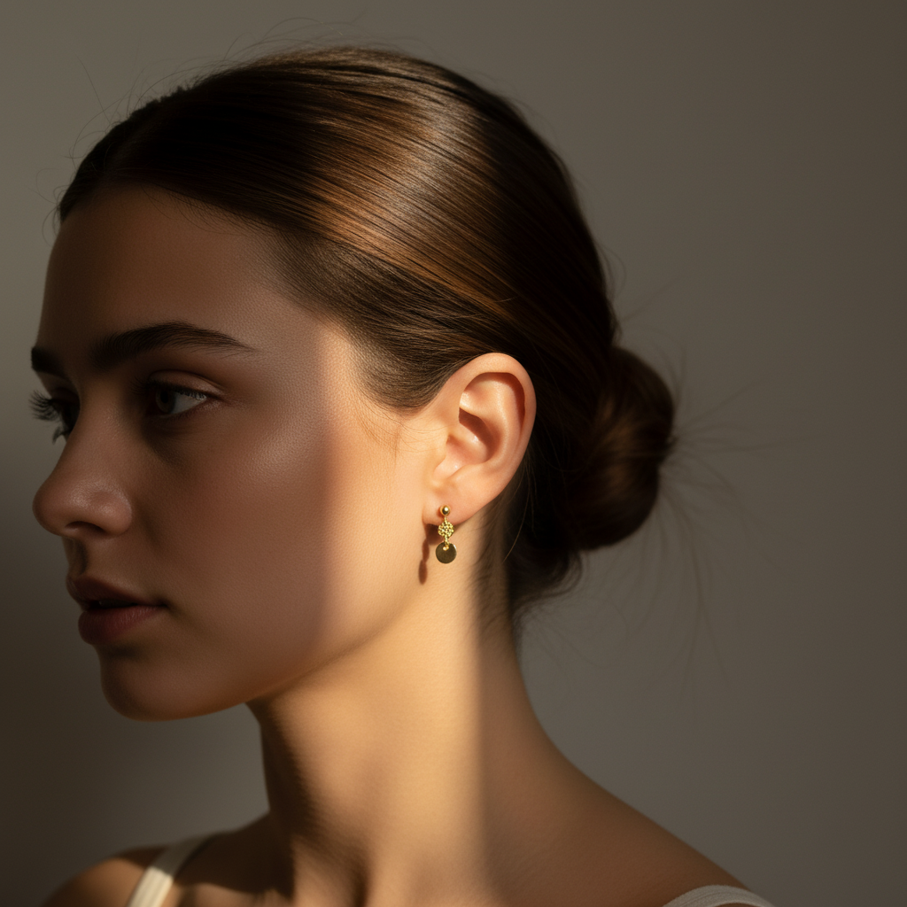 Woman wearing gold earrings with a neutral background