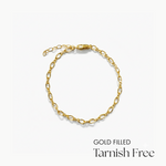 Gold filled bracelet on a white background with 'Tarnish Free' text.