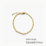 Gold filled bracelet on a white background with 'Tarnish Free' text.