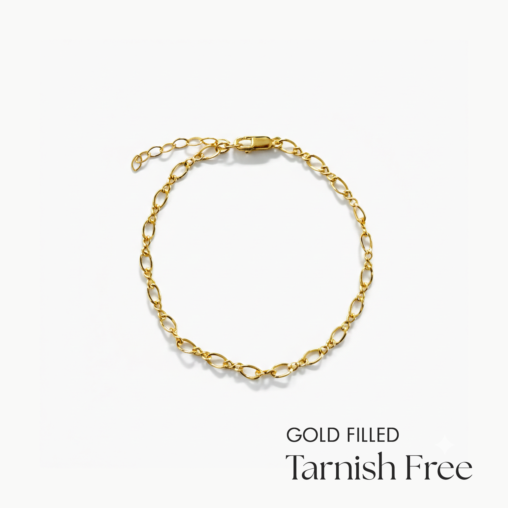 Gold filled bracelet on a white background with 'Tarnish Free' text.