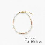 Gold-filled beaded bracelet on a white background with text 'Gold Filled Tarnish Free'.
