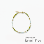 Gold-filled beaded bracelet on a white background with 'Gold Filled Tarnish Free' text.