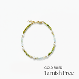 Gold-filled beaded bracelet on a white background with 'Gold Filled Tarnish Free' text.