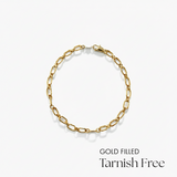 Gold filled bracelet on a white background with 'Tarnish Free' text.