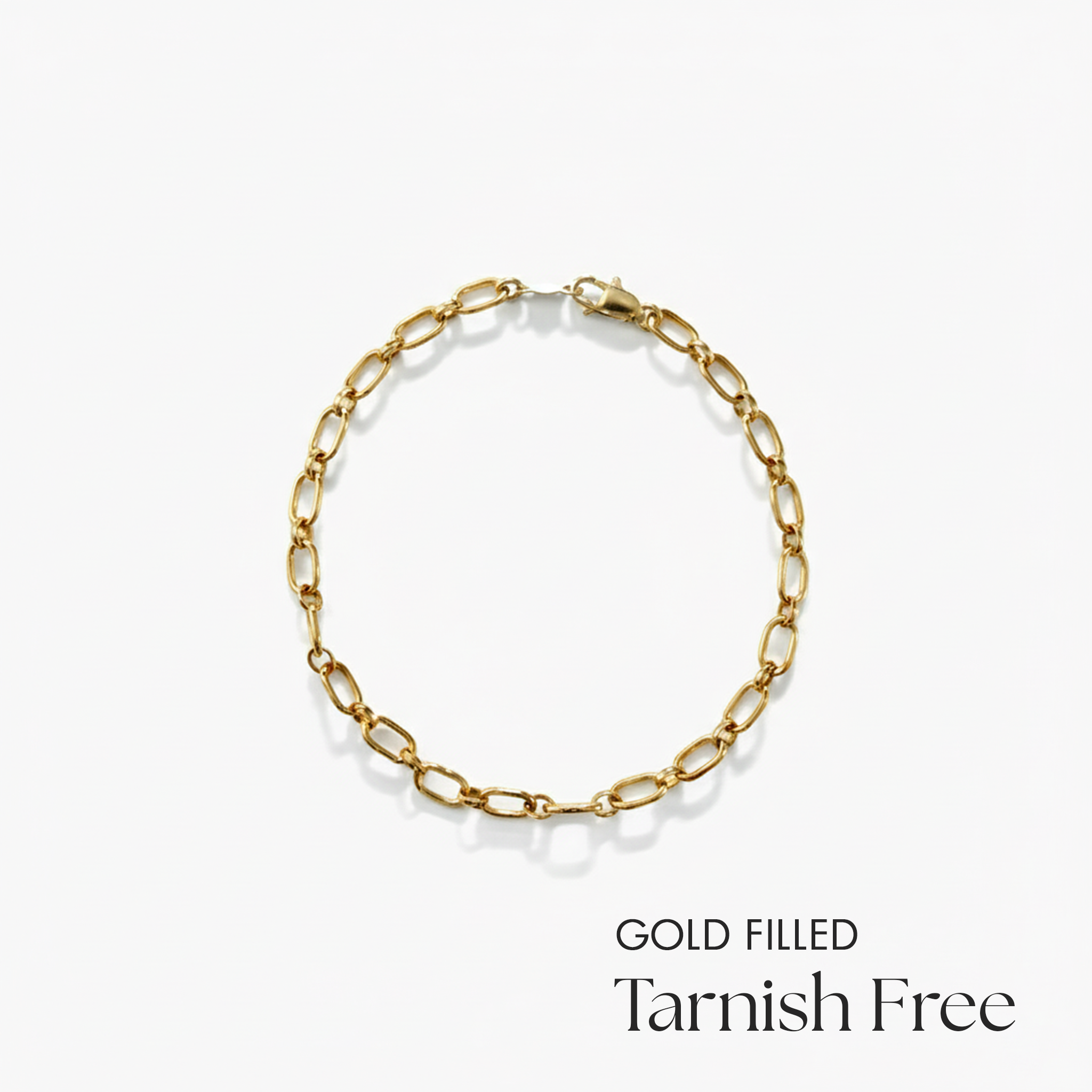Gold filled bracelet on a white background with 'Tarnish Free' text.