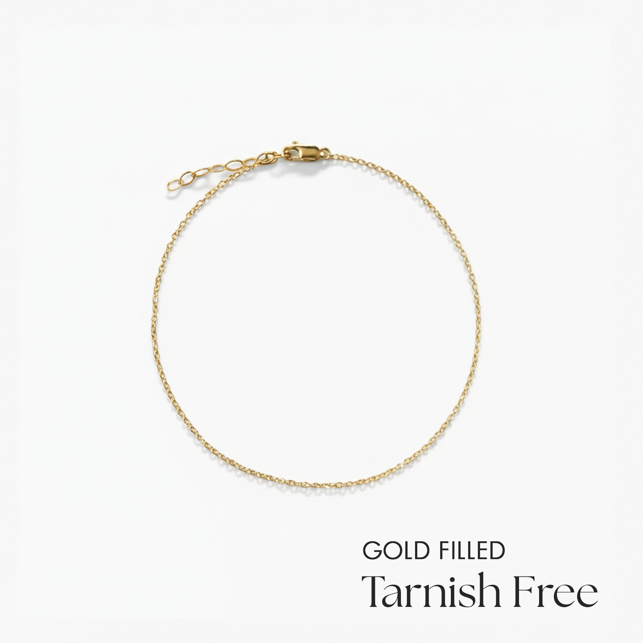 Gold filled bracelet on a white background with 'Tarnish Free' text.