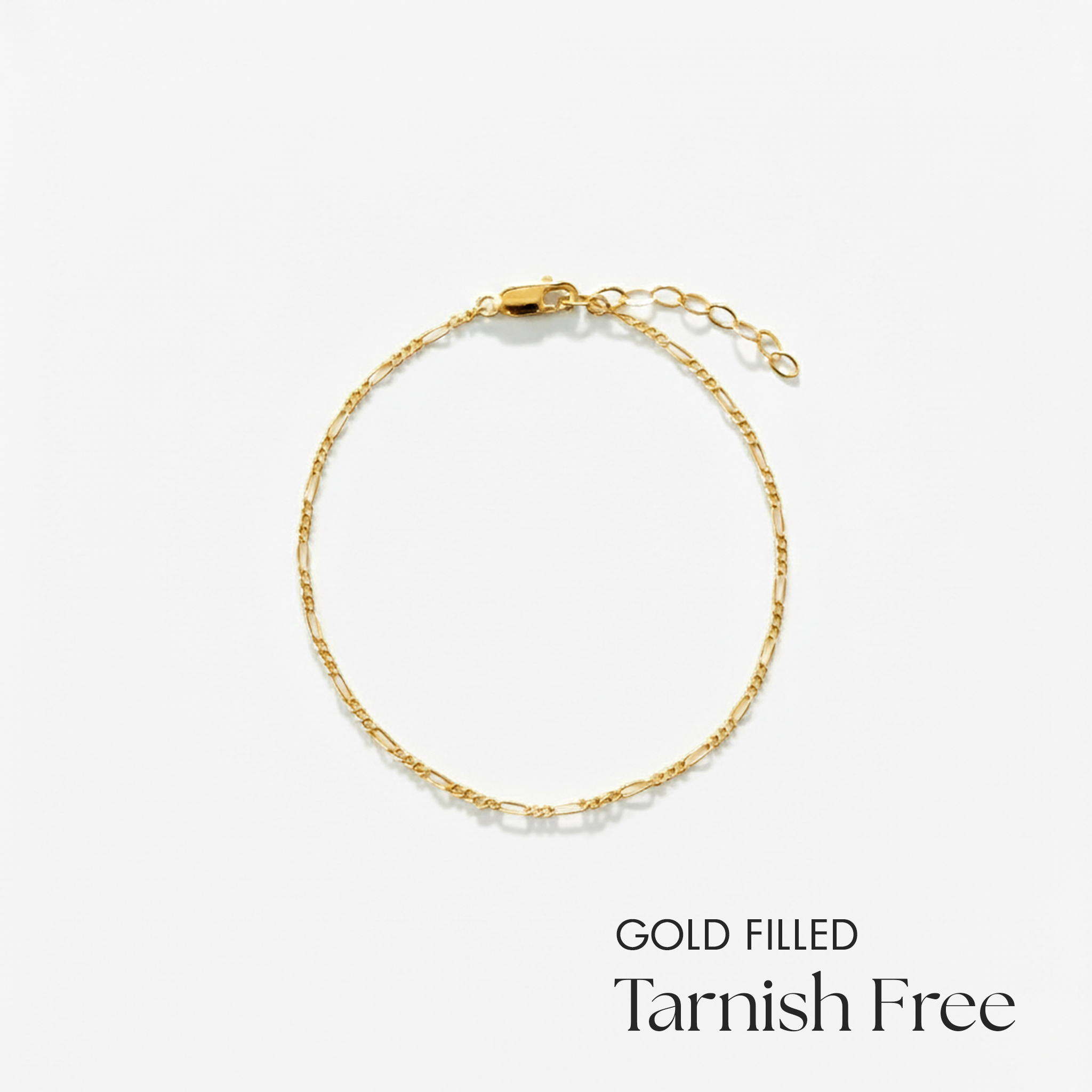 Gold filled anklet on a white background with 'Tarnish Free' text.