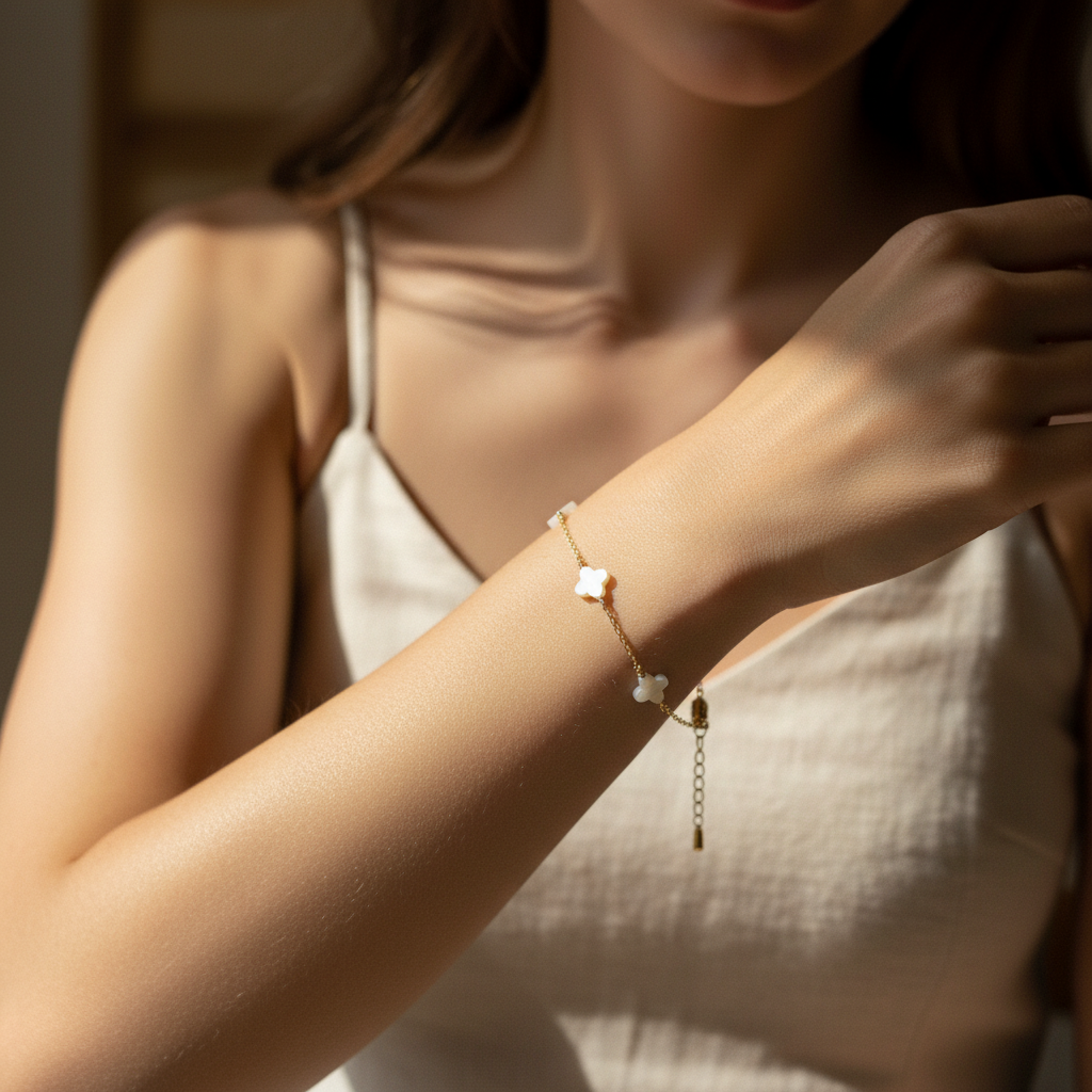 Woman wearing a delicate bracelet with small four leaf clover charm on a blurred background