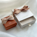 Two jewelry boxes with ribbons, one white and one brown, on a light background.
