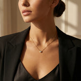 Woman wearing a gold necklace with a small pendant against a neutral background