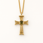 Eden Cross Necklace front view with ornate cross and olive-green centre stone
