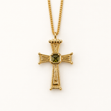 Eden Cross Necklace front view with ornate cross and olive-green centre stone