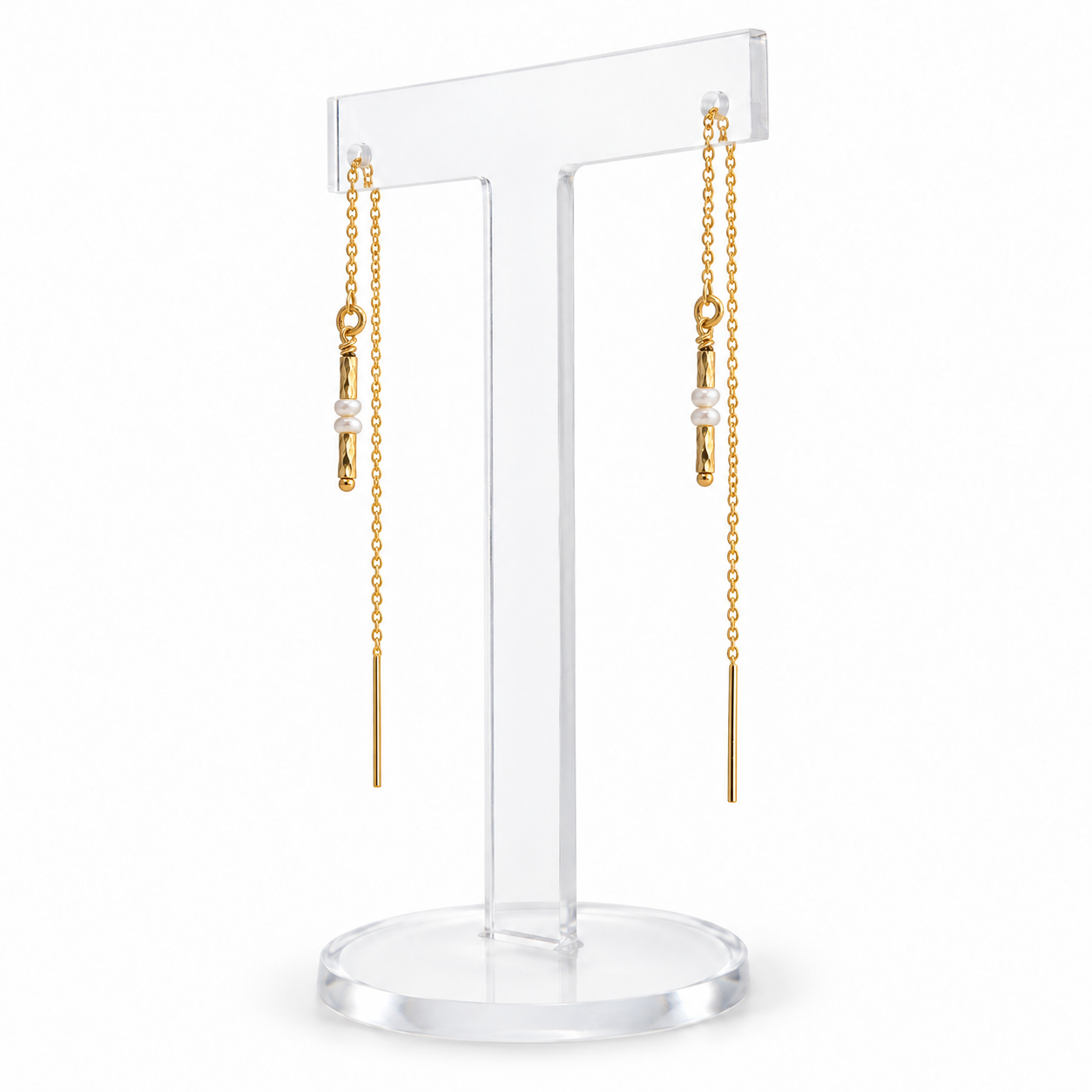 Lumi Pearl gold filled threader earrings – angled view with handmade wire-wrapped connections