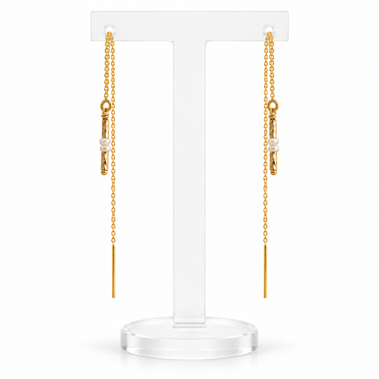 Lumi Pearl gold filled threader earrings – front view with hand-wrapped wire finishing