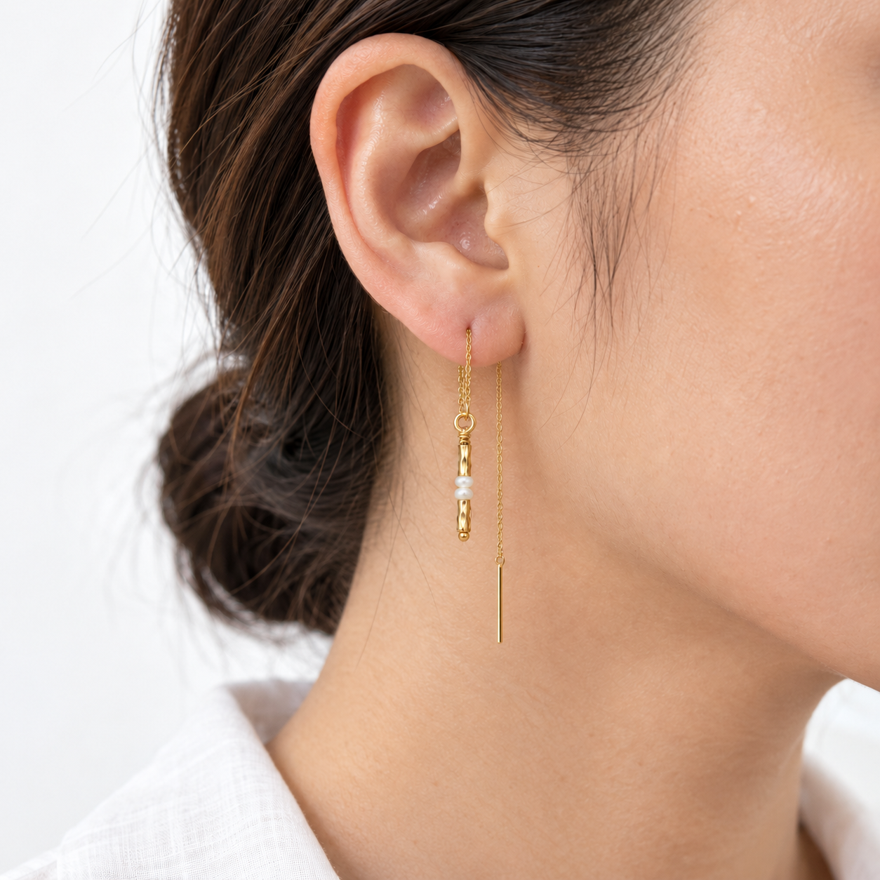 Lumi Pearl gold filled threader earrings – modelled view with corrected handmade wire detail