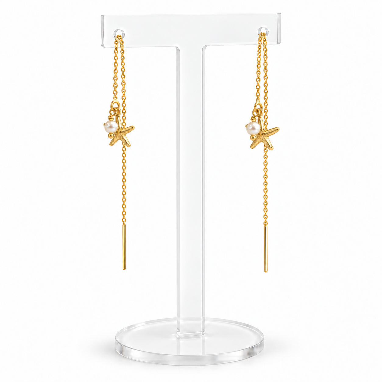 Tide Starfish gold filled threader earrings – angled view with handmade wire-wrapped connections