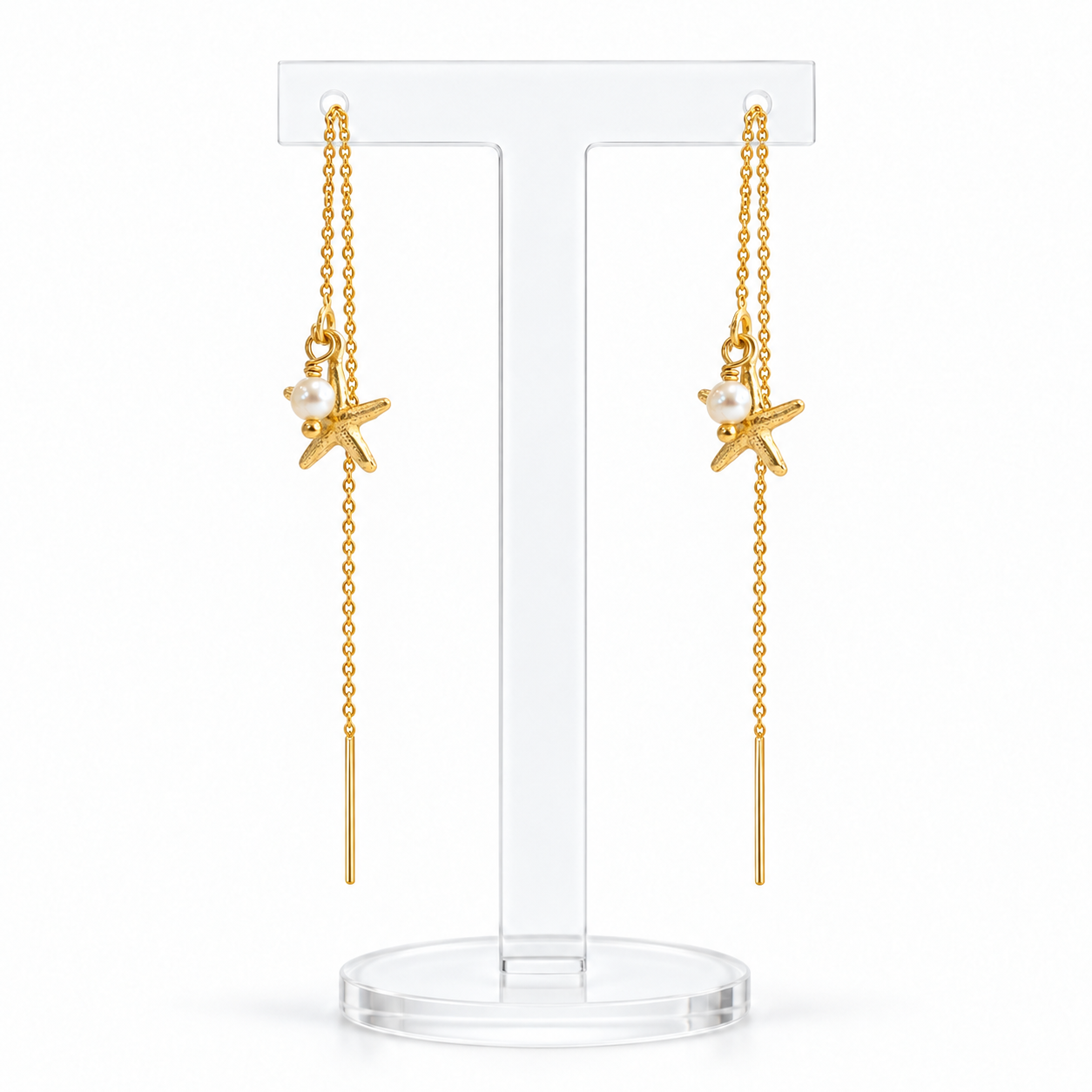 Tide Starfish gold filled threader earrings – front view with hand-wrapped wire finishing