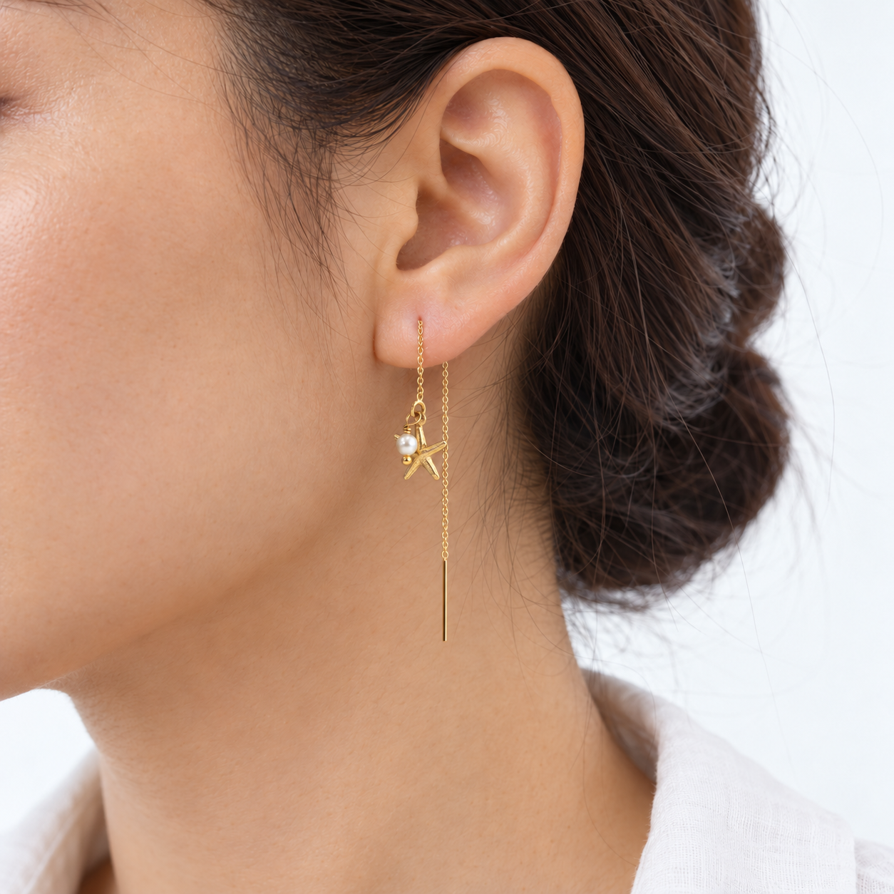 Tide Starfish gold filled threader earrings – modelled view with corrected handmade wire detail