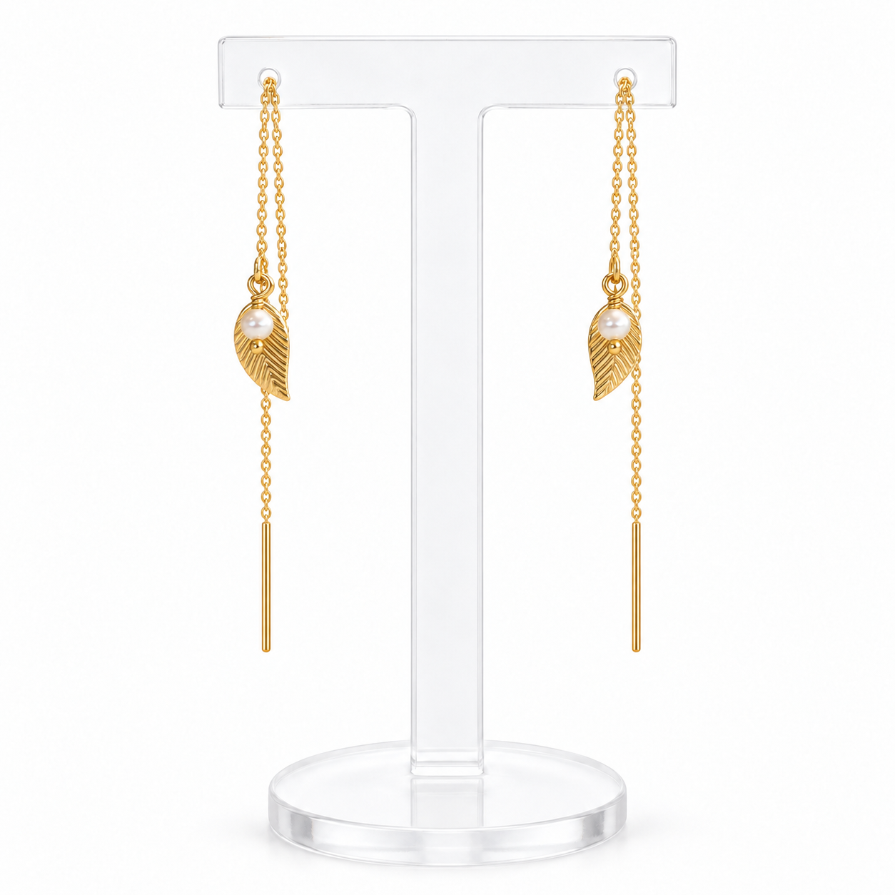 Willow Leaf gold filled threader earrings – front view with hand-wrapped wire finishing