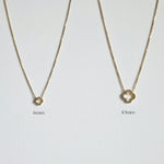 Gold clover necklaces in 6mm and 10mm displayed side by side for size comparison