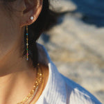 Rainbow hook earrings featuring colourful stones in an elegant chain drop style for vibrant, stylish accessories.