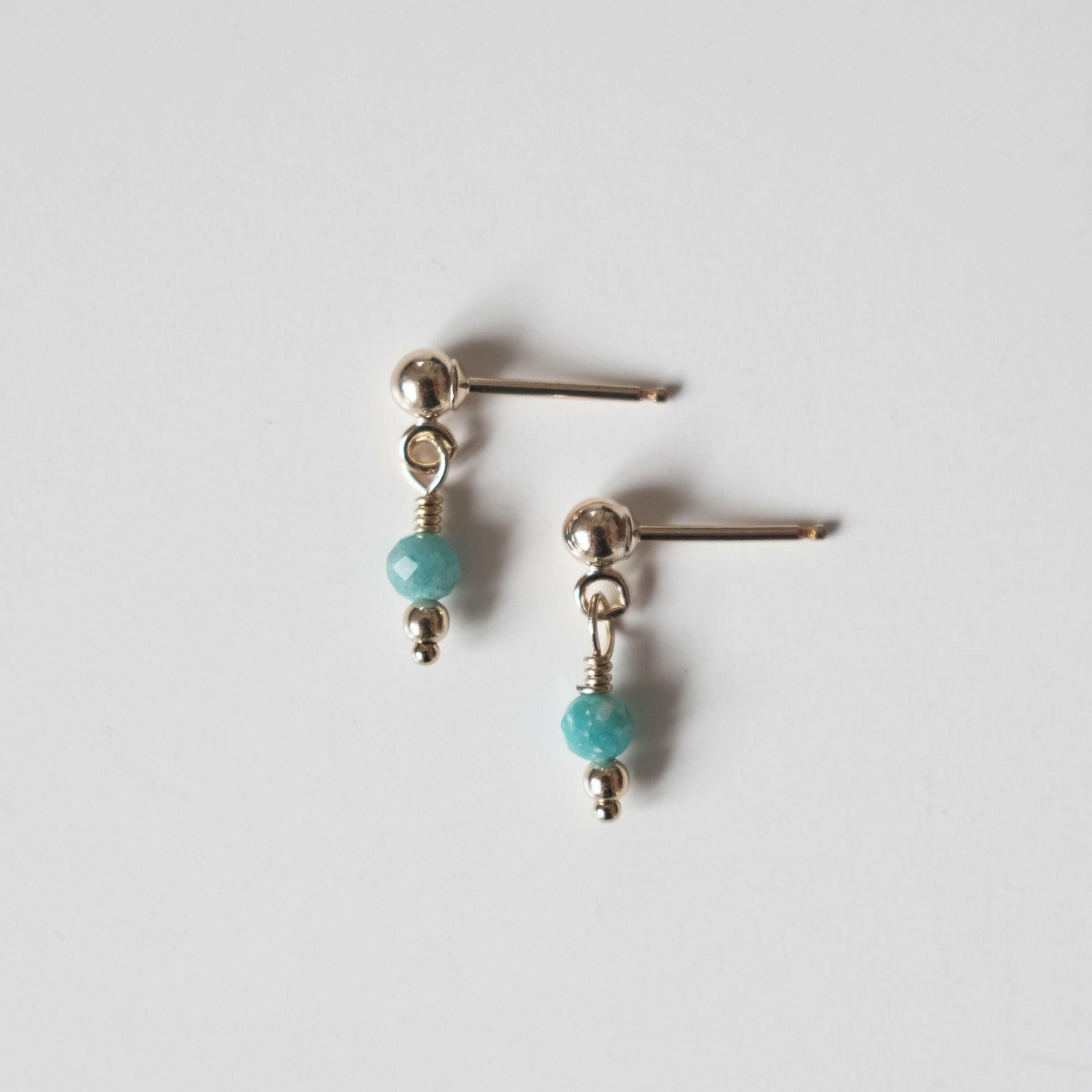 Petite gold drop earrings with small round amazonite gemstones and gold posts