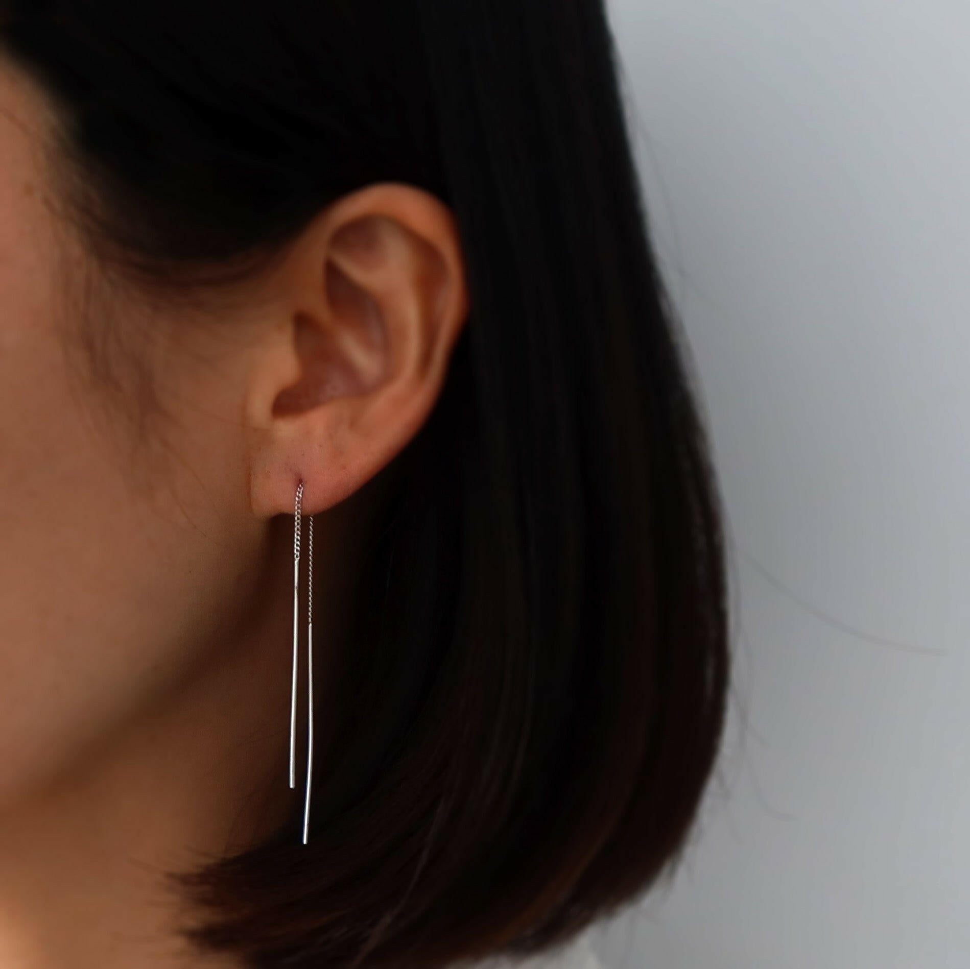 Elegant bar threader earrings featuring a minimal design with delicate drop-shaped elements for stylish wear