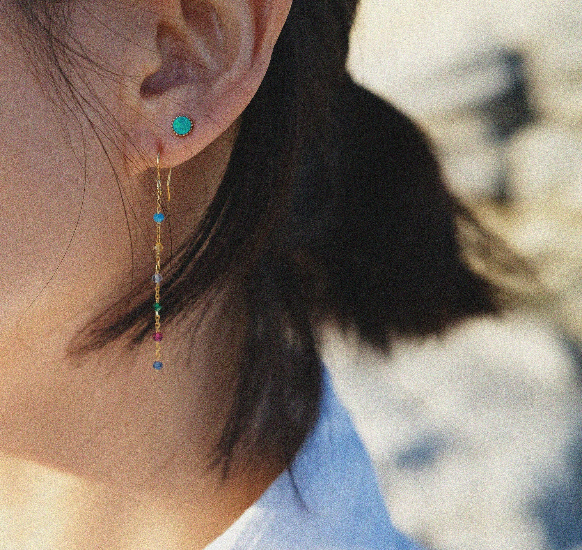 Rainbow hook earrings featuring colourful stones in an elegant chain drop style for vibrant, stylish accessories.